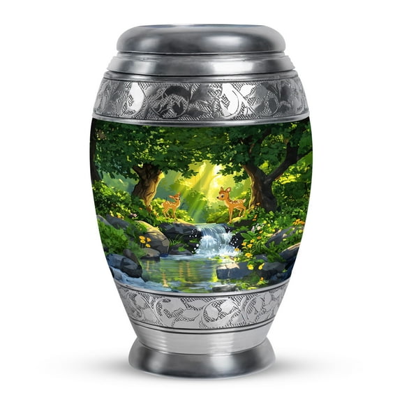 KARYLIZ Deer Urns Box - Green Forest Large Urns for Human Ashes Adult Male & Female - Memorial Cremation Urns for Adult Human Ashes - Decorative Funeral Urn for Human Ashes Adult Man 10 Inch