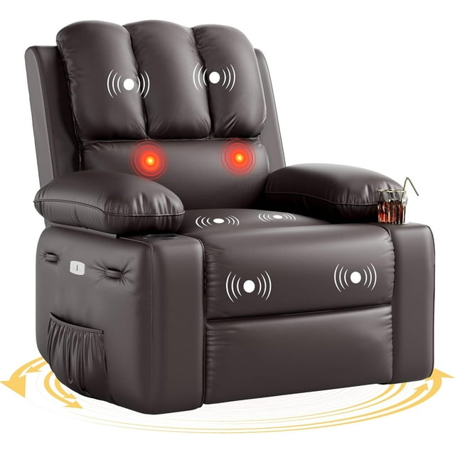 Recliner Chair with Massage and Heat, 360° Swivel Rocking Chair with Side Pockets, Cup Holders & USB Port