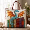 thumbnail image 2 of Quilted Fabric Tote Bag, Embroidery Dragon On Vintage Scroll Stack Pattern Handbag, Fantasy Creature Printed Shoulder Bag For Daily Commute Shopping Supplies Storage,17"x15", 2 of 6