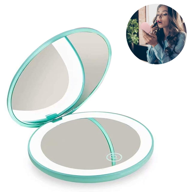 Espejo de maquillaje compacto recargable con luz para viajes, bolsos y bolsos, espejo de maquillaje de mano con aumento de 1X y 10X con 12 luces LED, espejo plegable de doble cara iluminado Adepaton 2035563-3