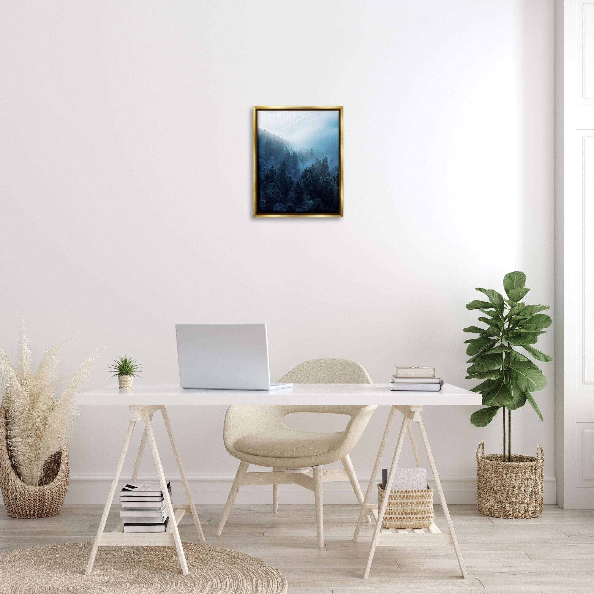 Stupell Industries Daylight over Pine Forest Mountain with Fog Metallic Gold Framed Floating Canvas Wall Art, 16x20, by Unsplash
