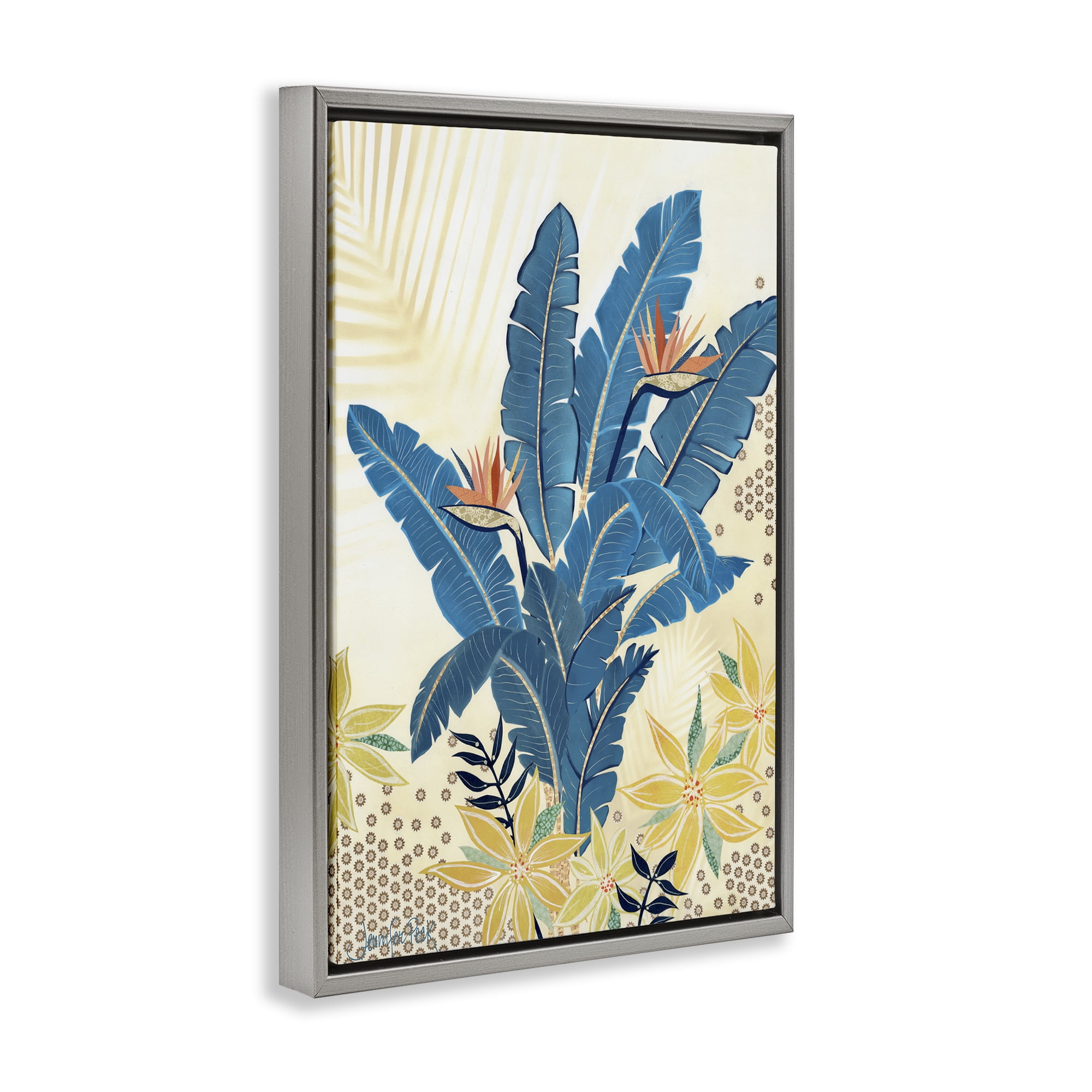 Stupell Industries Blue Birds Of Paradise Botanical & Floral Painting Gray Floater Framed Art Print Wall Art, 17 x 25