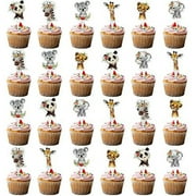 Fenghu 48 Pcs Wild .. One Cupcake Toppers Floral .. Jungle Animals Cupcake Toppers .. Two Wild Cupcake Toppers .. Safari Animal Birthday Party .. Decorations for Girl