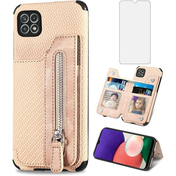 Phone Case for Samsung Galaxy A22 5G/Boost Mobile Celero 5G Wallet Cover with Tempered Glass Screen Protector and Zipper Credit Card Holder Stand Leather Cell Celero5G Gaxaly A 22 22A G5 Women Beige