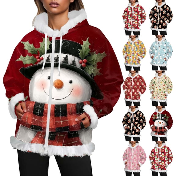 zaveiop Christmas Full Zip Jackets for Women Furry Fur Trim Santa Hoodies Long Sleeve Graphic Xmas Pullover Candy Cane Print Holiday Winter Sweatshirt with Pocket (Watermelon Red, M)
