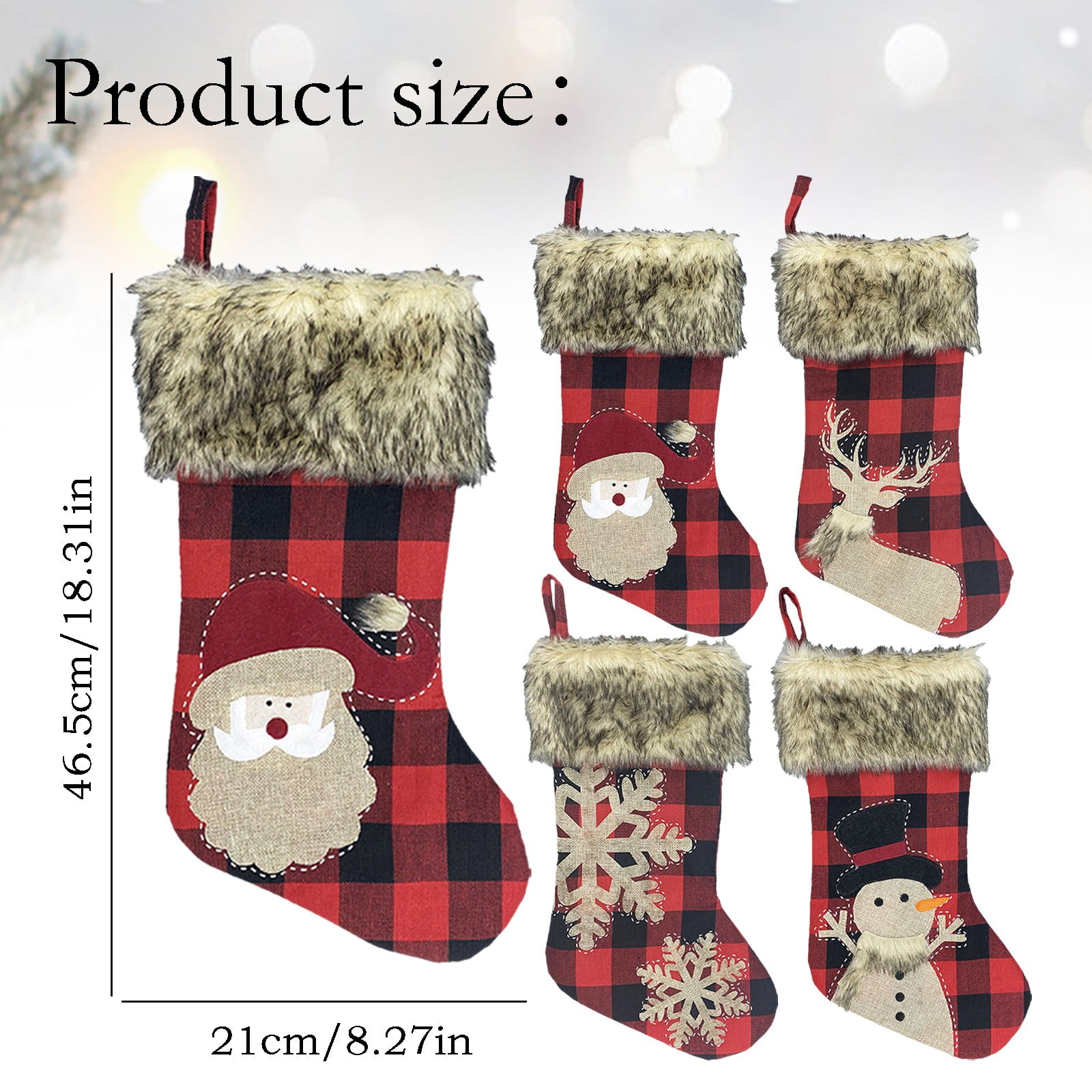 Wall Hangs,Christmas Stockings 4 Pack 18" Big Christmas Stocking Stuffers Snowflake Santa Snowman Reindeer Burlap Plaid Socks With Plush Cuff Candy Socks For Family Holiday Christmas P