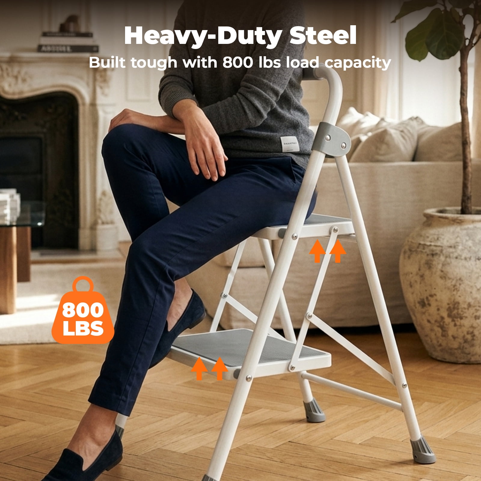 Alvantor Step ladder, 2-Step Ladder Stool, 800lbs Capacity, Anti-Slip Treads & Handles, Foldable Ultra-Thin Design, Grey/Black