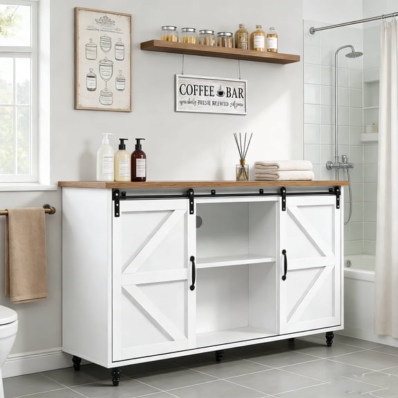 4 EVER WINNER 58"Farmhouse Buffet Cabinet with Storage, Sideboard with Adjustable Shelves, Coffee Bar Cabinet with Sliding Barn Door, Credenza for Kitchen, Living Room, Entryway, Dining Room,White