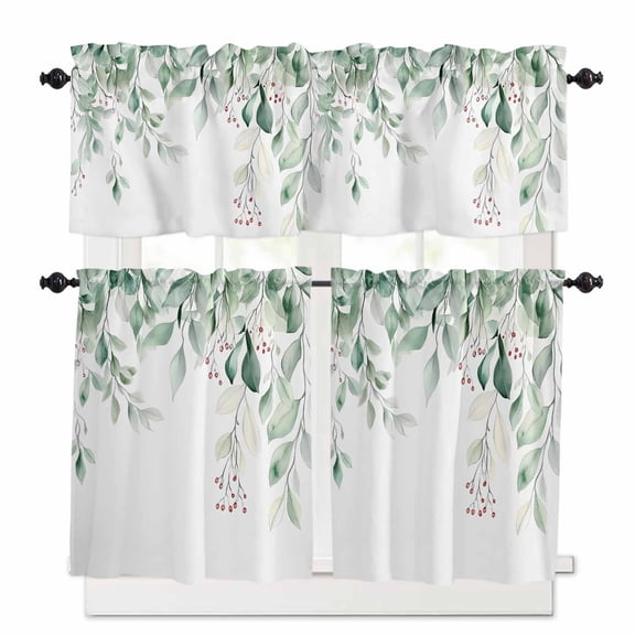 Sage Green Kitchen Curtains Valances and Tiers Set of 3, 24 Inch Length Tier Curtains and Valance Rod Pocket Valance Curtains Set for Kitchen Bathroom Small Windows