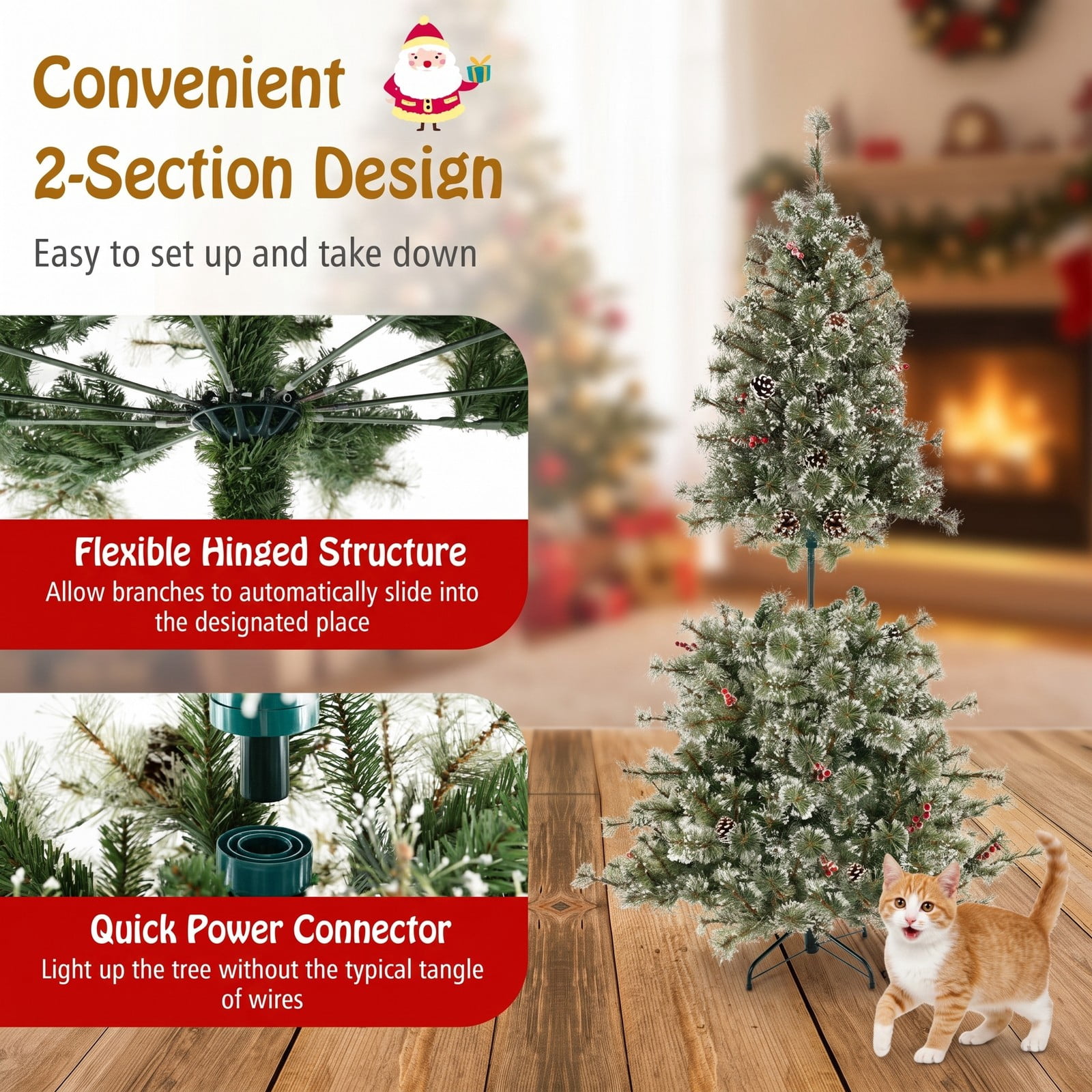 RUIE 6 FT Pre-Lit Artificial Christmas Tree, Hinged Holiday Tree with 350 Color-Changing LED Lights, 598 Branch Tips, Pine Cones and Red Berries, Quick Power, Green