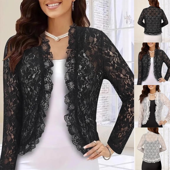 FRSASU Women's Temperament Long Sleeve Lace Open Front Hollow Out Crochet Knit Slim Cropped Cardigan White