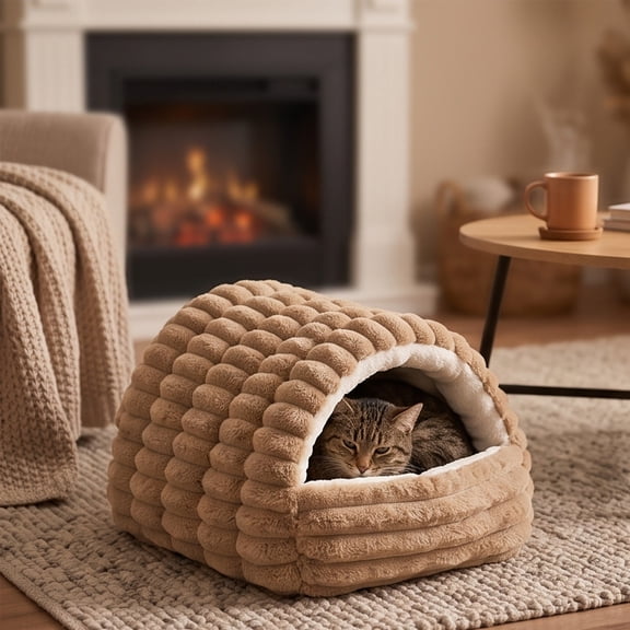 Cozy Pet Villa Bed Removable Washable Cover Warm Soft Cat Dog Nest for Cats Small Dogs Indoor Rest Sleeping All Season Pet Supplies(Brown-L)