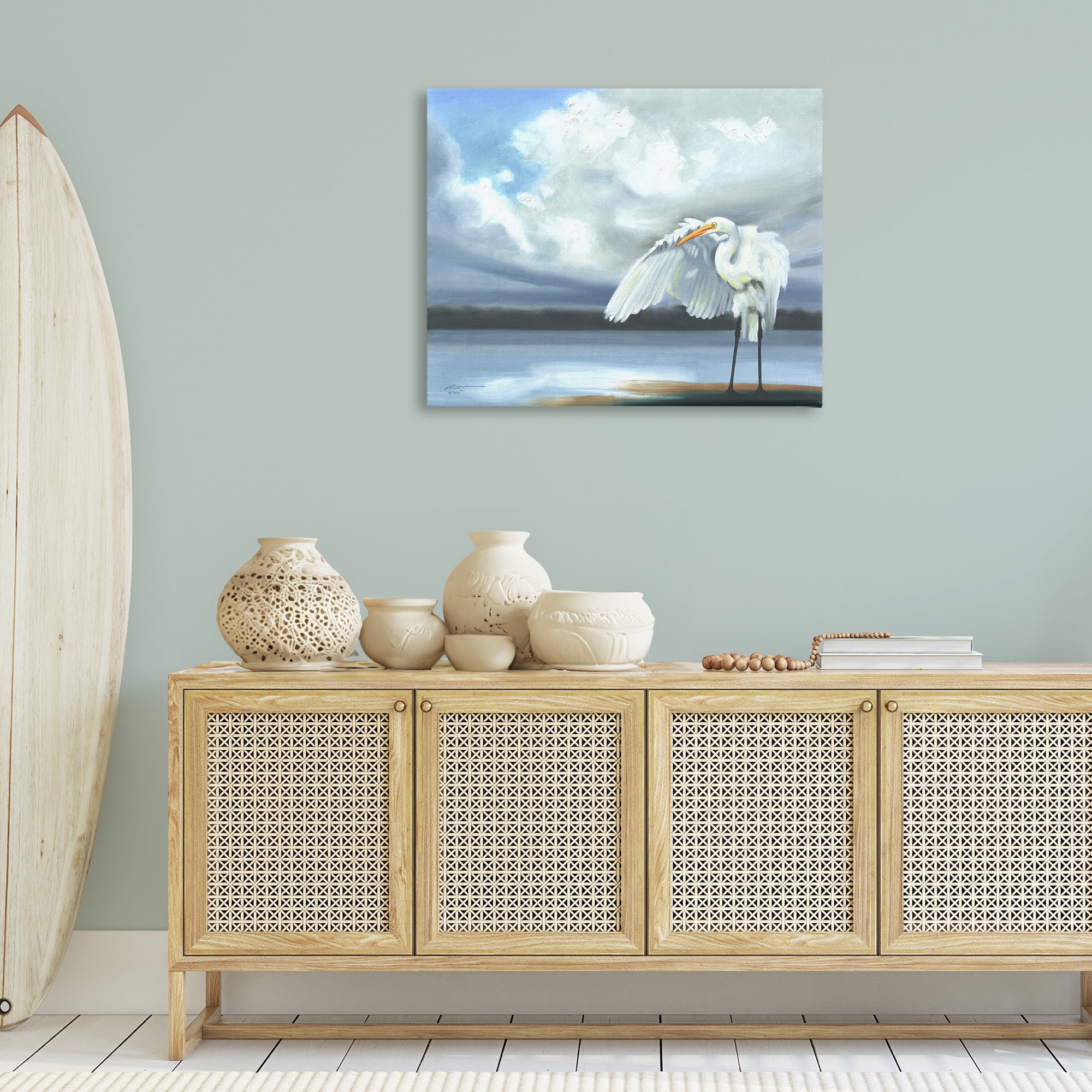 Stupell Industries Egret on Cloudy Beach Shore Animals & Insects Painting Gallery Wrapped Canvas Art Print Wall Art, 40 x 30