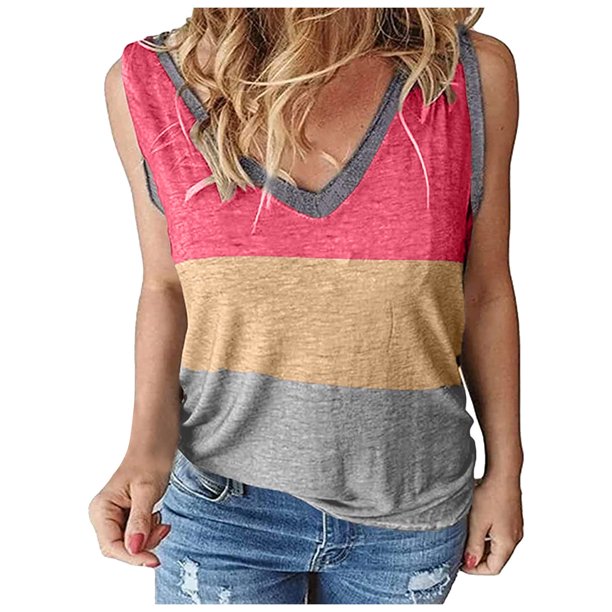 Chaleco sin mangas con cuello en V a la moda para mujer Contraste de color Falso Dos tops Pompotops lopia997348