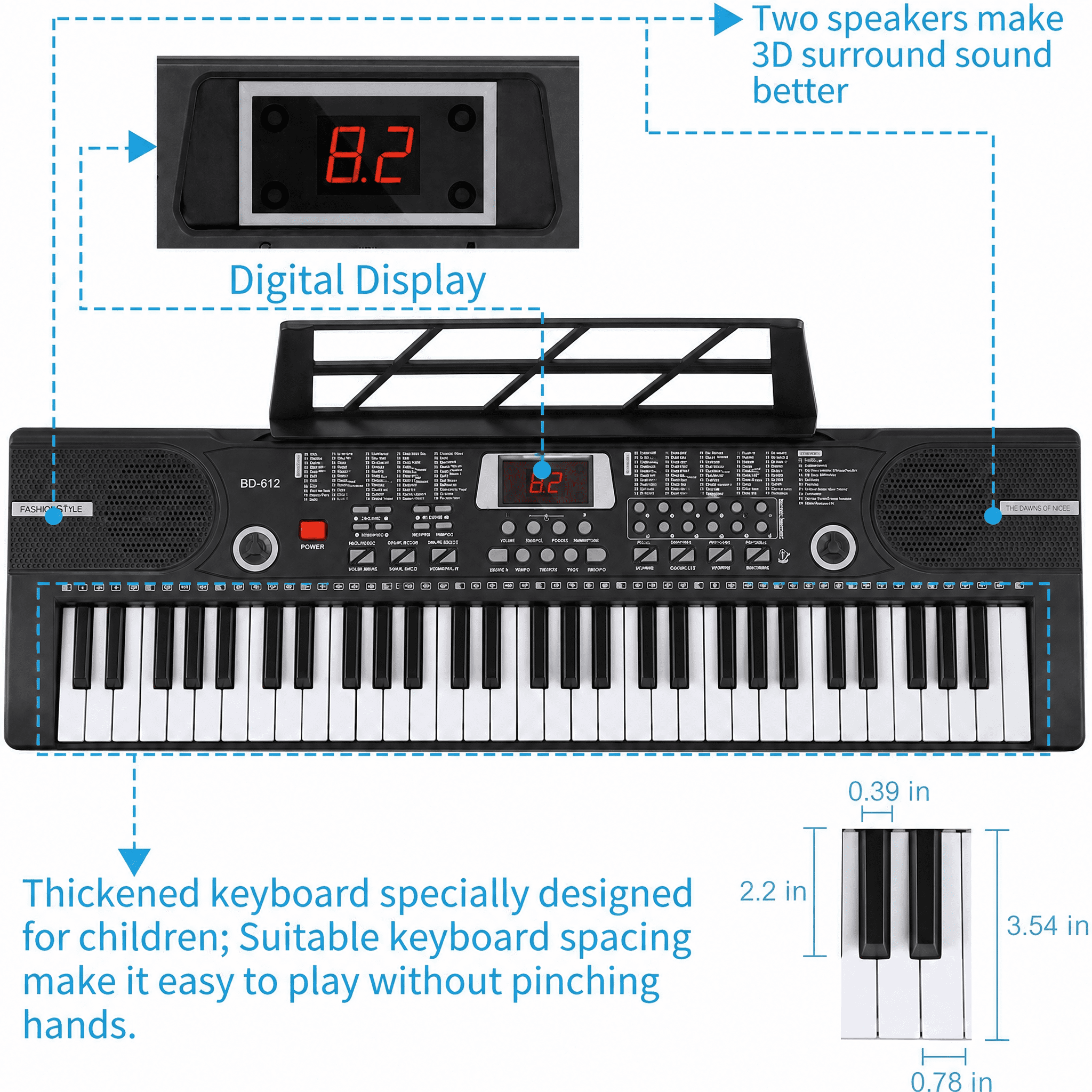 Mixfeer 61-Key Electronic Piano, Portable Keyboard with Built-In Speaker, Microphone, Sheet Stand and Power Supply for Beginners, Black
