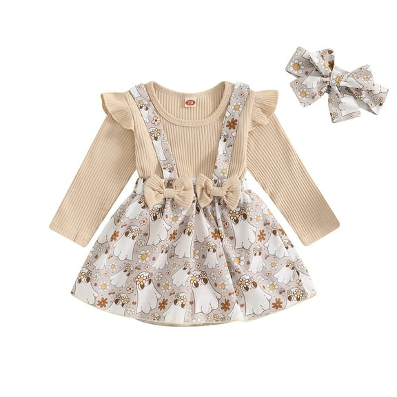Musuos Newborn Girl Halloween Outfit, 0-18Months Long Sleeve Crew Neck Ghost Flower Print Romper Dress with Hairband