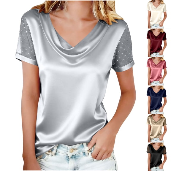 Puntoco Silk Satin Blouses for Women Short Sleeve V Neck Business T Shirts Dressy Casual Elegant Work Tops White XL(XL)