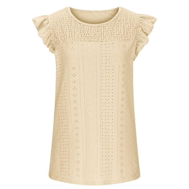 Blusa casual con manga casquillo,Camiseta sin mangas fruncida con cuello redondo y cuello redondo para mujer Blusa con manga casquillo con volantes Rendimiento confiable