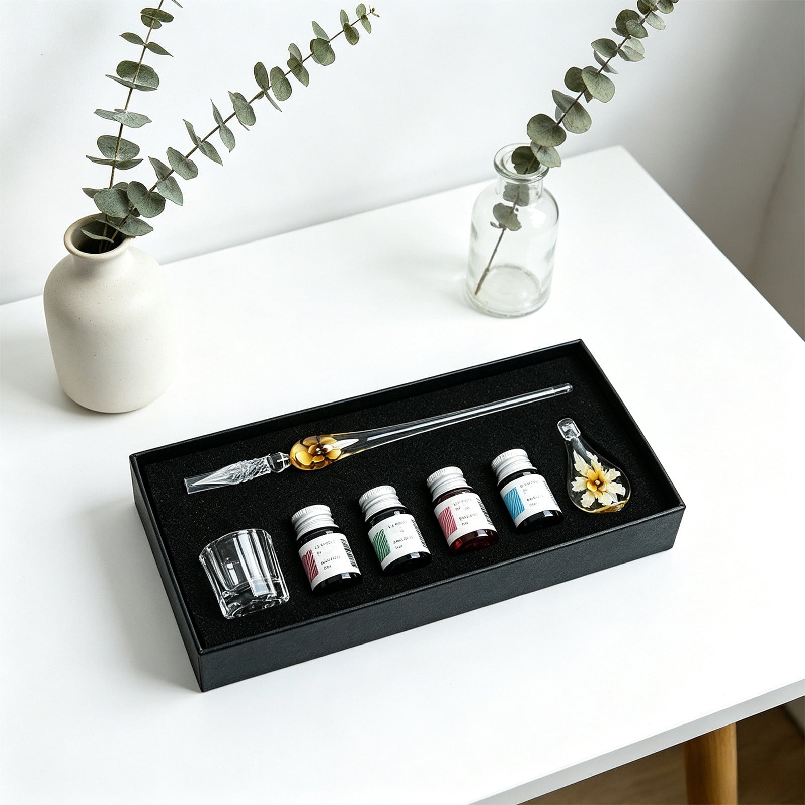 Crystal Glass Dip Pen Set, Flower Glass Writing Pen Kit, Calligraphy Ink Pen With Ink Bottles Pen Holder Cleaning Cup, Vintage Signature Pen Gift Set, Art Writing Supplies