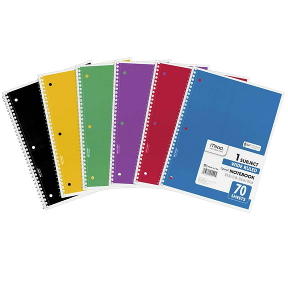 Mead Spiral 1 Subject Notebook, Wide Ruled, 70 Sheets Per Book, Pack of 6