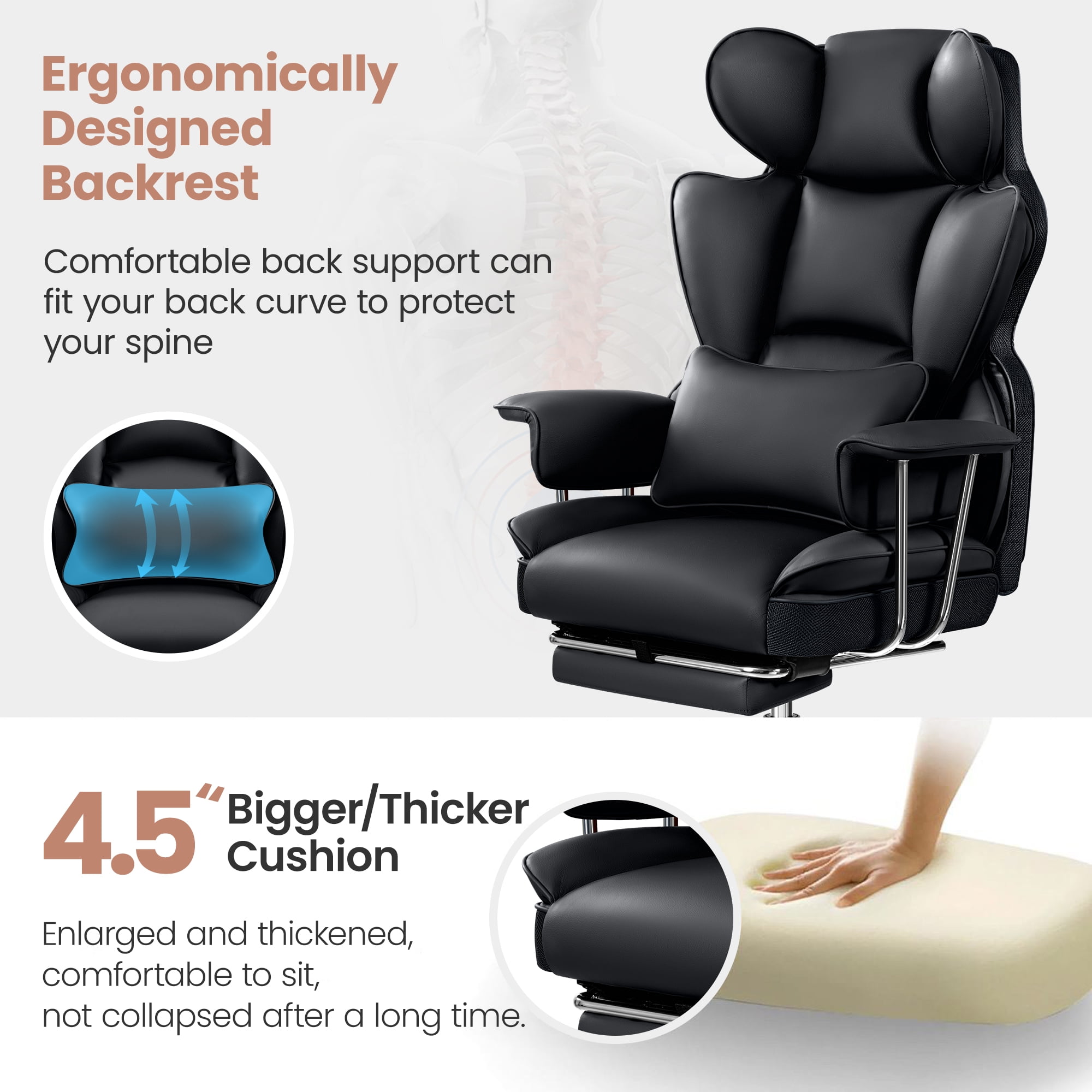Premium Ergonomic Office Chair For Plus-Size Users, Executive High-Back Leather Seat With Enhanced Lumbar Support and Footrest for Home & Office