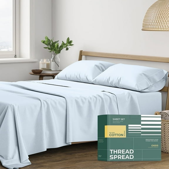 Thread Spread 100% Organic Cotton Sheets Full Size - 4 PC Organic Cotton Full Size Percale Weave Sheet Set, Soft, Cooling, Crisp & Breathable, 16" Deep Pocket Hotel Quality Bedding Set - Light Blue