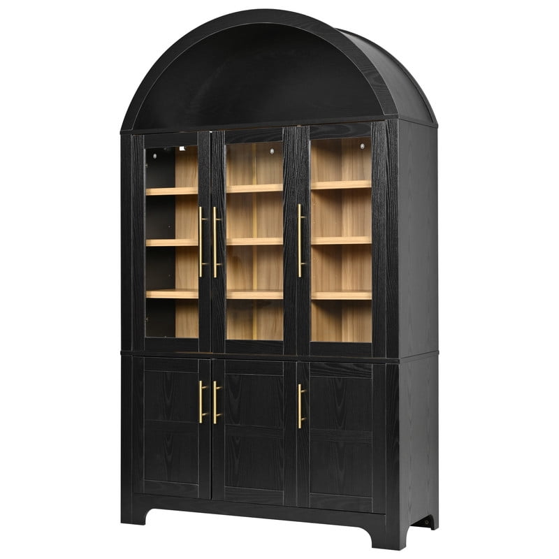 Arched Kitchen Pantry Cabinet with Glass Doors, Farmhouse Tall Storage Cabinet with Adjustable Shelves, Door Storage Racks & Open Display Shelves, Wooden Cupboard for Kitchen, Dining Room