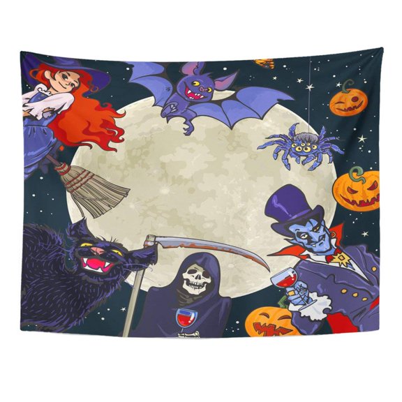 ZEALGNED Halloween Cartoon Characters on Full Moon Space Death Dracula Little Witch Bat Black Cat Pumpkins Spider Wall Art Hanging Tapestry Home Decor for Living Room Bedroom Dorm 51x60 inch