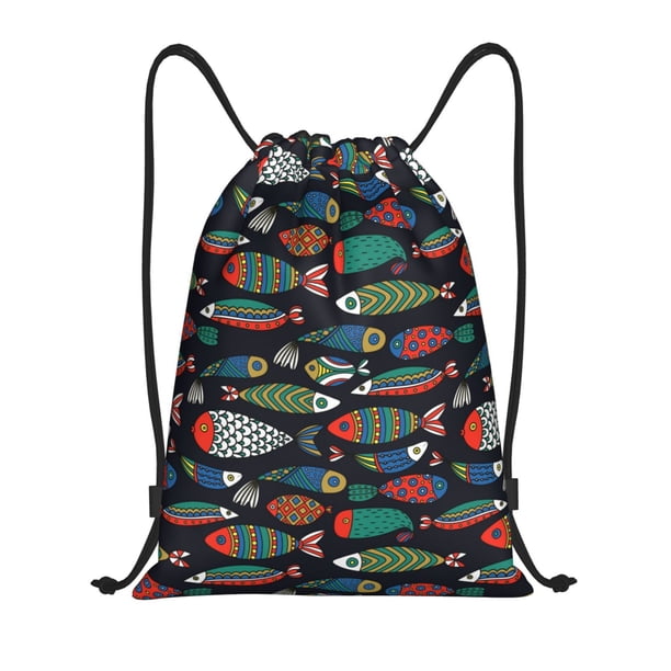 Fotbe Hand Drawn Colorful Fishes Bolsa Mochila con Cordón Estampada, Bolsa de Gimnasio Deportiva, Bolsa Cinch, Bolsa con Cordón para Hombres y Mujeres-Medium