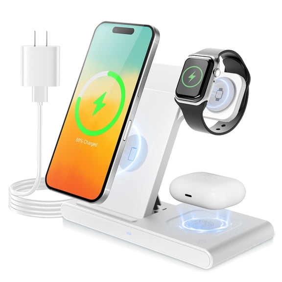 Wireless Charger iPhone Charging Station: 3 in 1 Charger Stand Compatible With iPhone 17/16e/16/15/14/13/12/11,For Apple Watch 9/8/7/6/5/4/3/2/SE,For AirPods 3 2 Pro,White
