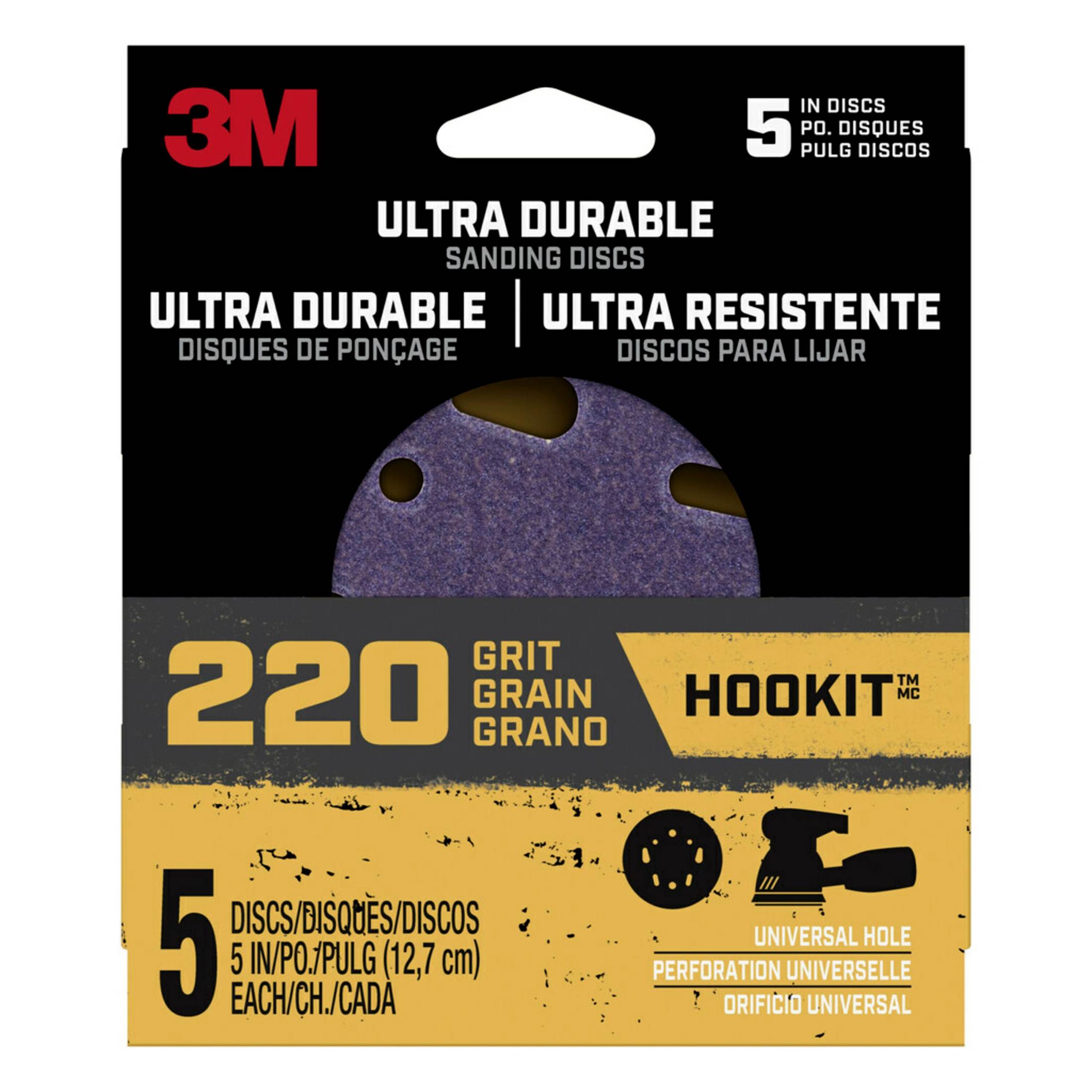 3M Ultra Durable 5 inch Power Sanding Discs, Universal Hole, 220 grit, 5 Pack
