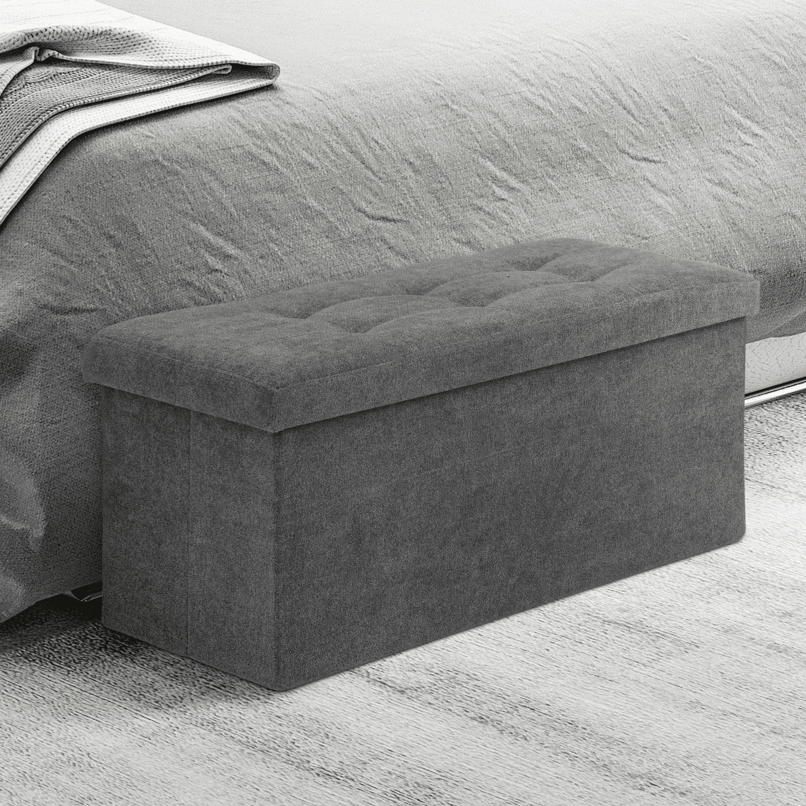 MoNiBloom 30" Folding Storage Ottoman Bench, Cotton-linen Collapsible Footrest Ottoman with Storage, for Living Room Bedroom Entryway, Dark Gray
