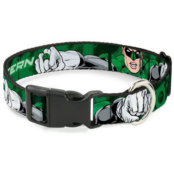 DC Comics Pet Collar, Dog Collar Plastic Buckle, Green Lantern Green Glow Text, 9.5 to 14.5 Inches 0.5 Inch Wide