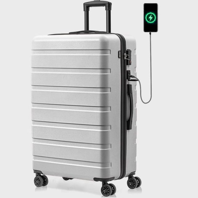 Valise Rigide PC ABS avec Roues Port USB Bagage Léger avec Serrure TSA 28 Pouces Argent