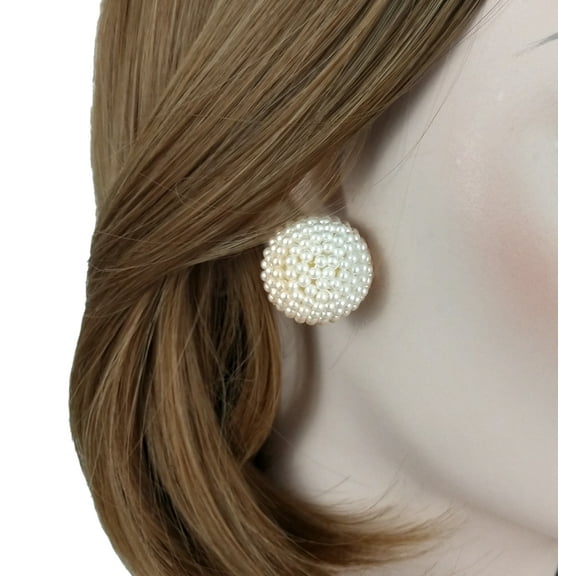 Gradient Off-White Faux Pearl 3D Button Pierced Earrings 1" Ladies Adult Female Women