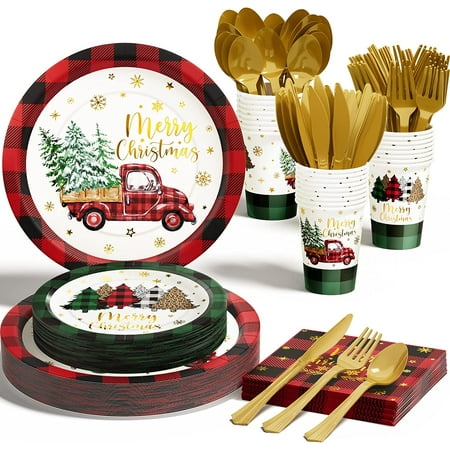 Christmas Party Decorations Supplies - 175 PCS Christmas Xmas Disposable Dinnerware Set(25 Guest) with Buffalo Plaid Truck Tree Paper Plates Napkin Cup Plastic Fork Knives Spoon for Holiday Decor