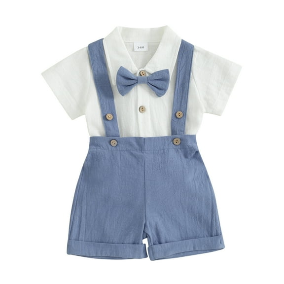 Yunliwuli Toddler Boy Gentleman Outfit Solid Color Short Sleeves Romper with Bow Tie and Overalls Shorts Set for Formal Wear