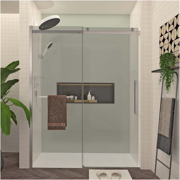 JERFIT Frameless Sliding Shower Door 56-60" x 76" with Towel Bar, Brushed Nickel Hardware, 5/16" Tempered Glass for Modern Bathroom