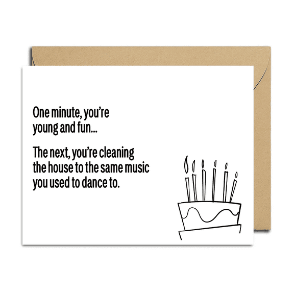 Funny Birthday Card for Adults – "One Minute You're Young and Fun" – Humorous Design with Birthday Cake – Blank Inside, Envelope Included – Ideal for Celebrating Friends & Family