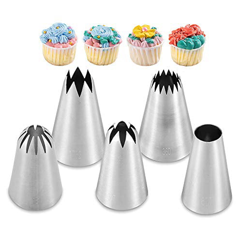 Stainless Steel Large Seamless Cup Cake Piping Icing Decoration Tips for Cupcakes and Baking 5 Pcs Professional Large Piping Nozzles 