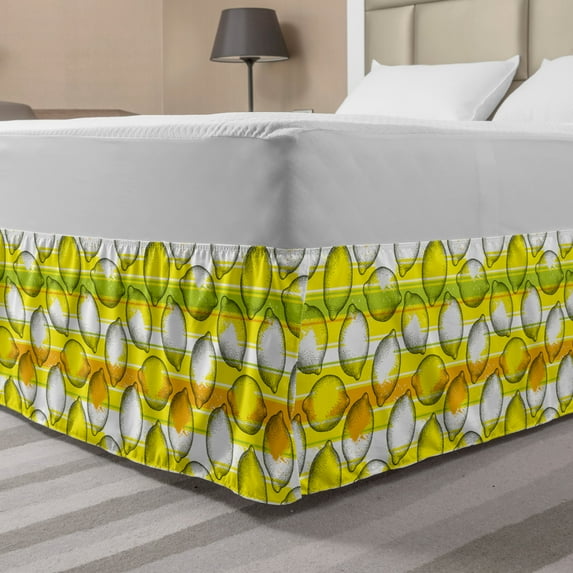 Lemon Bed Skirt, Dotted Fresh Citrus Fruits Pattern with Horizontal Stripes with Summer Season Colors, Elastic Bedskirt Dust Ruffle Wrap Around for Bedding Decor, 4 Sizes, Multicolor, by Ambesonne