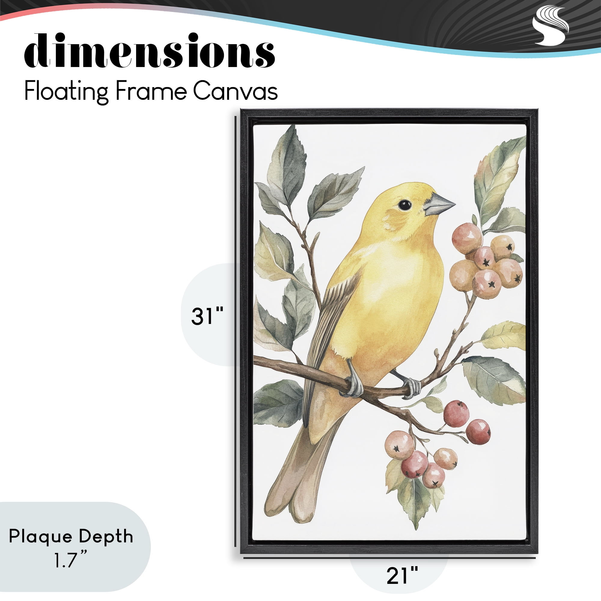 Stupell Industries Sun Lit Bird on Branch Black Framed Floater Canvas Wall Art, design by Petal Prints Design