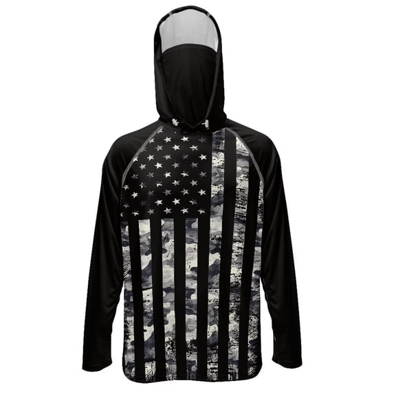 SEANATIVE Sun Protection Fishing Hoodie for Men, Long Sleeve Hooded Full Coverage 4th of July Fishing Shirt Workout Camping Running Hooded Top, S, Black Camo American Flag