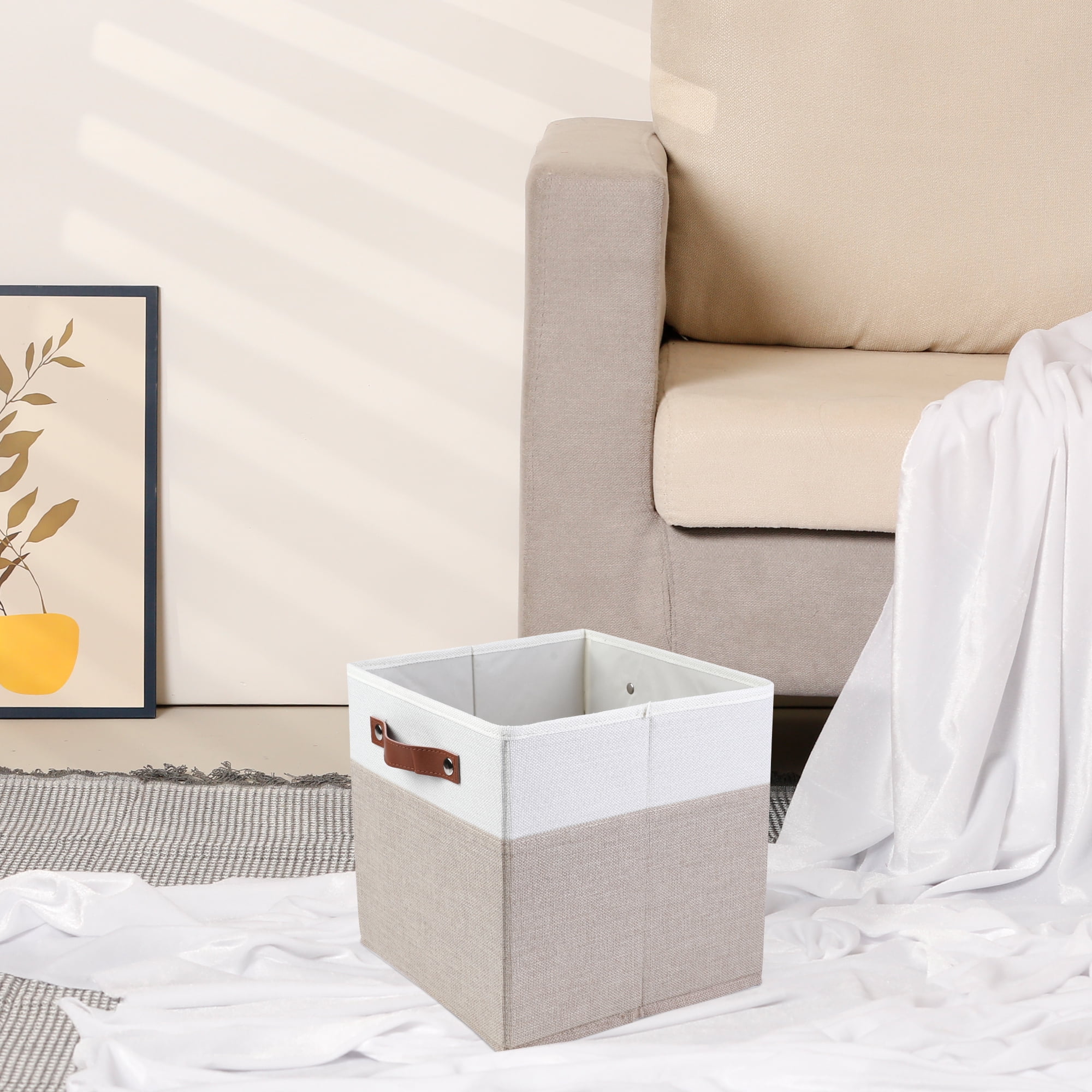 Unique Bargains Storage Cube Fabric Storage Bin with Handles Khaki 11*11*11in