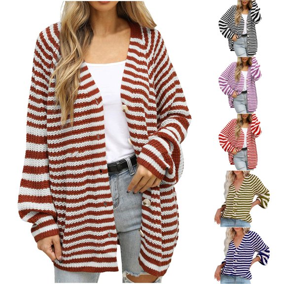 DDAPJ pyju Women's Striped Long Sleeve Cardigan Open Front Knit Sweater Oversized Casual Fall Outwear Blue S