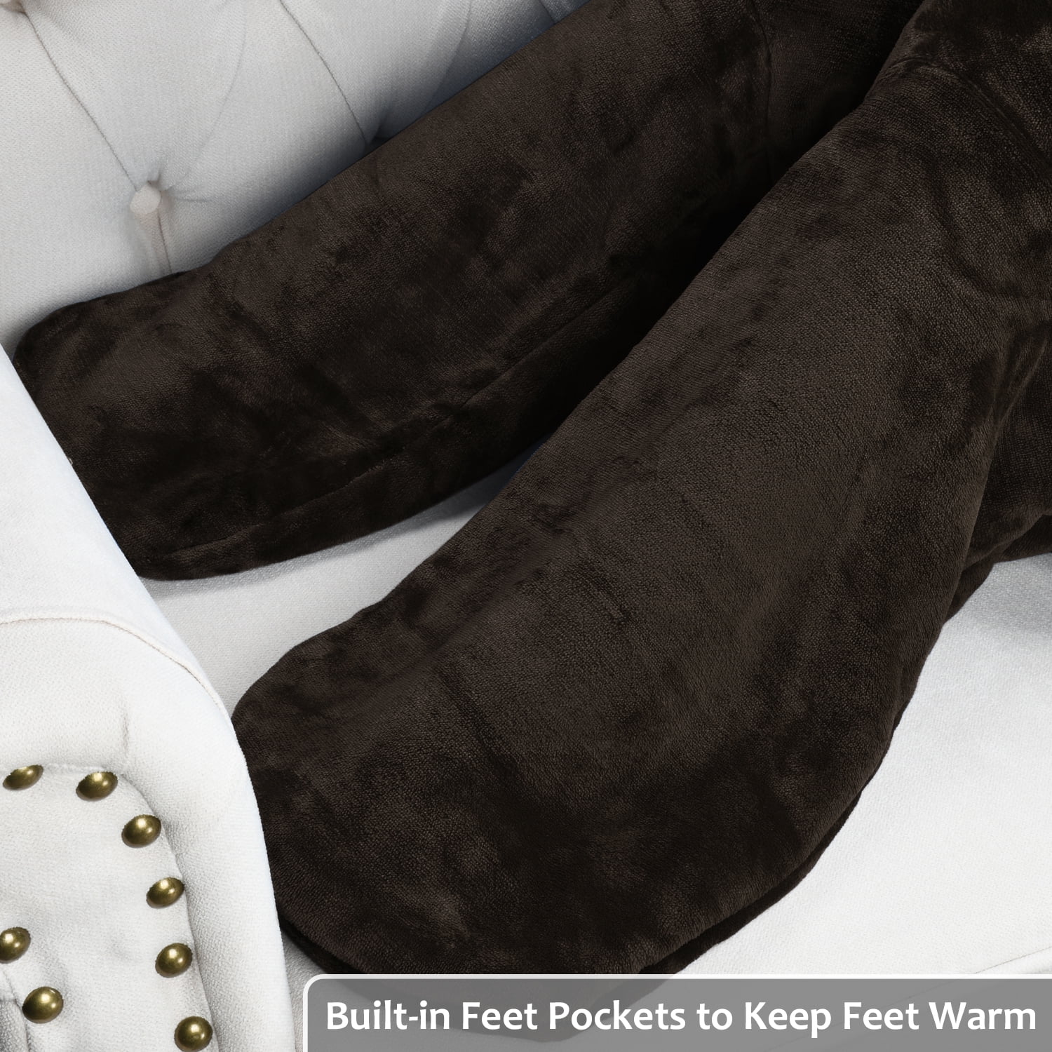 Catalonia Sherpa Wearable Blanket with Sleeves & Foot Pockets for Adult Women Men, Comfy Snuggle Wrap Sleeved Throw Blanket Robe, Gift Idea, Brown, 75" x 53"