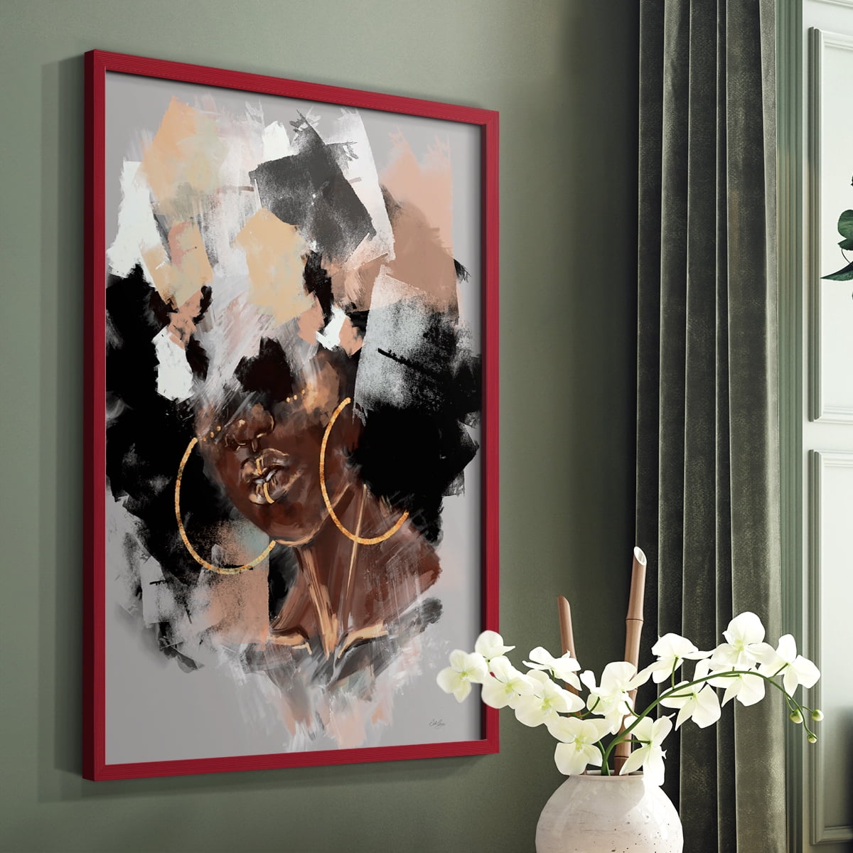 Afro Pop Framed Print in Red Solid Wood Framed Print No Nail Hanging