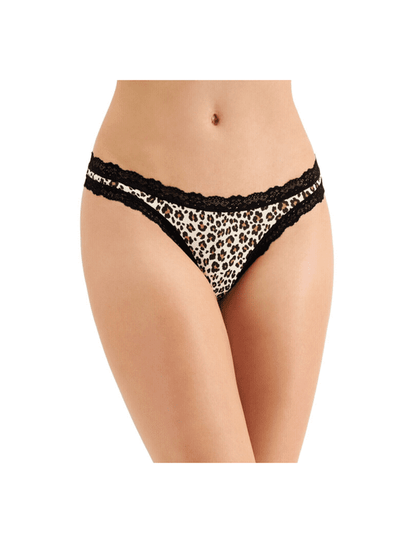 Womens Lace-Trim Thong, Leopard, Large