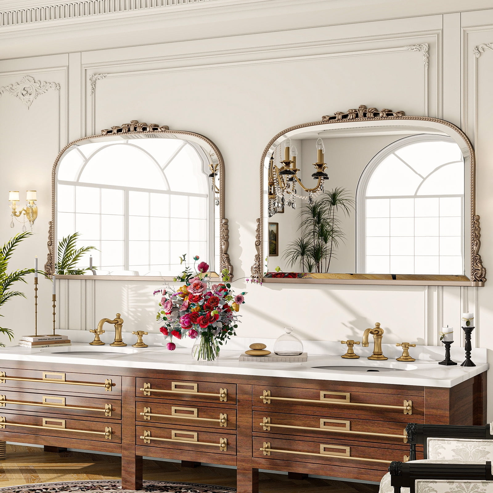 Puremirror 44"x32" Antique Arched Bathroom Mirror Wall Mounted Vintage Mirror, Silver