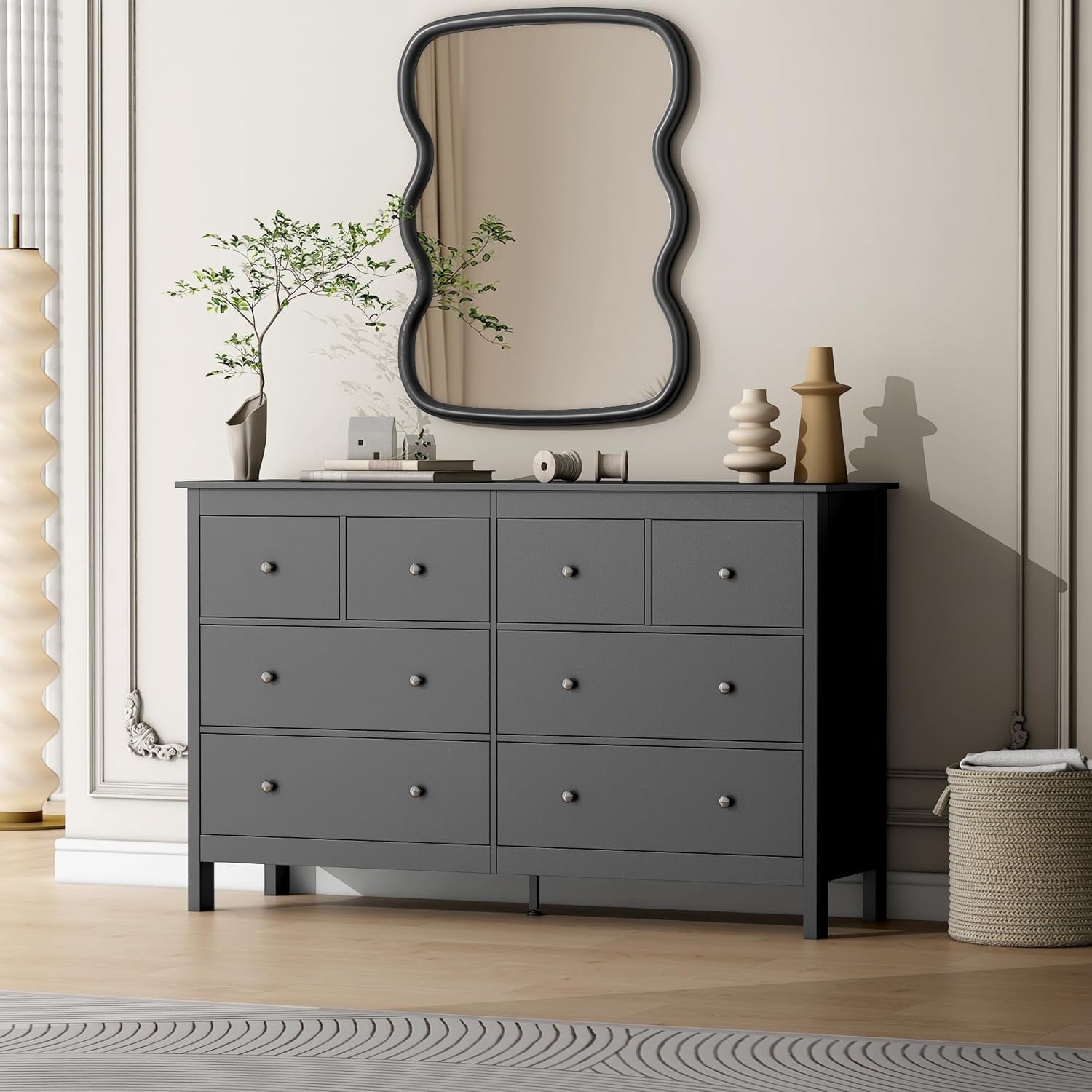Pipleo Black Dresser, 8 Drawer Dresser, 50" Modern Wooden Dressers Chests of Drawer, 8 Drawers Wide Dresser for Bedroom